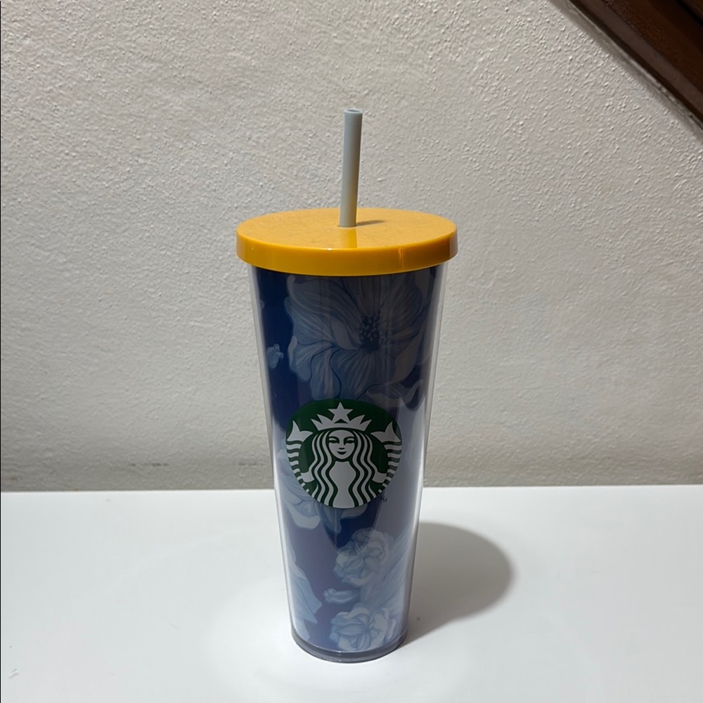 Starbucks Blue Floral Tumbler with Yellow Lid